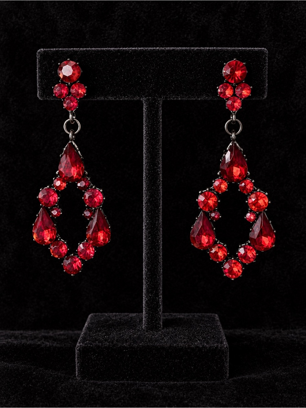 Black Teardrop Earrings with Red Crystals in Dangles